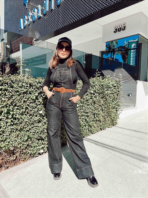 Jardineira Wide Leg Jeans Nina Preta @usemika Feminina