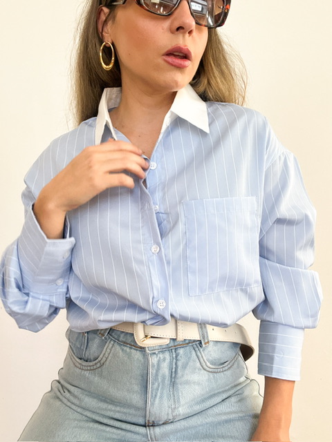 Camisa Over Tricoline Risca De Giz Liliane @usemika Feminino