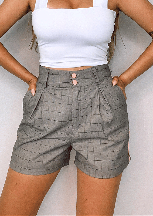 Short Alfaiataria Xadrez Com Botão Forrado Carmem Chumbo @usemika Feminino