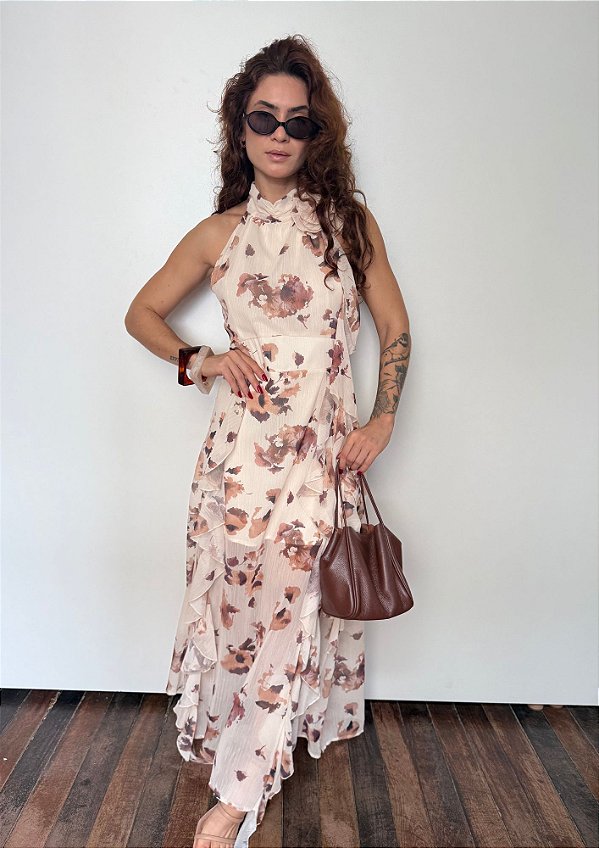 Vestido Chiffon Estampado Midi Frente Unica Gisele @usemika Feminino