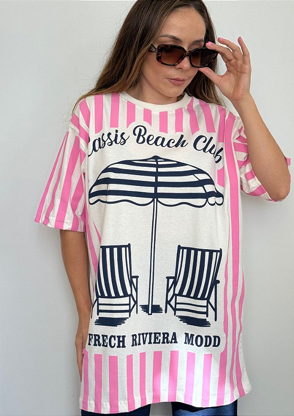 Tshirt Oversized Meia Malha Estampa Listras Miss Beach Estela @usemika Feminino