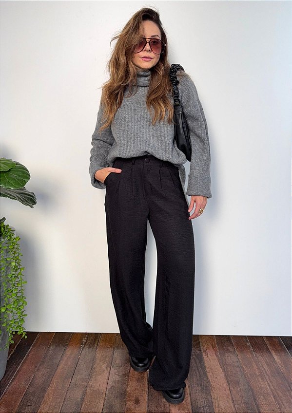 Calça Wide Leg Linho Sintético Botão Forrado Amanda @usemika Feminina