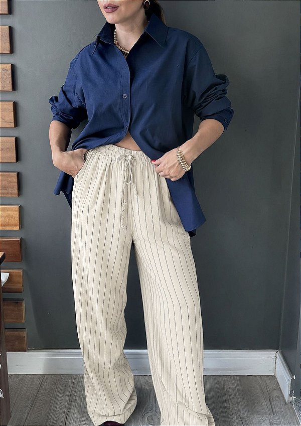 Calça Wide Leg Viscolinho Premium Risca de Giz Adriele @usemika Feminino