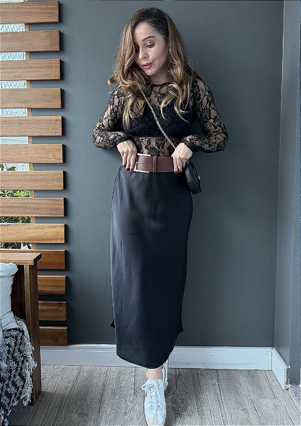 Saia Cetim Midi com Elástico Embutido Natalia @usemika Feminino