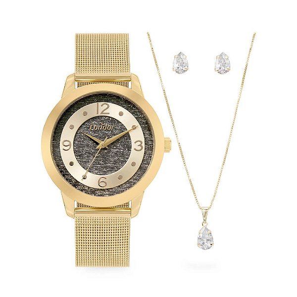Kit Relógio Condor Feminino Elegante Dourado CO2039MUC/K4P colar + brincos
