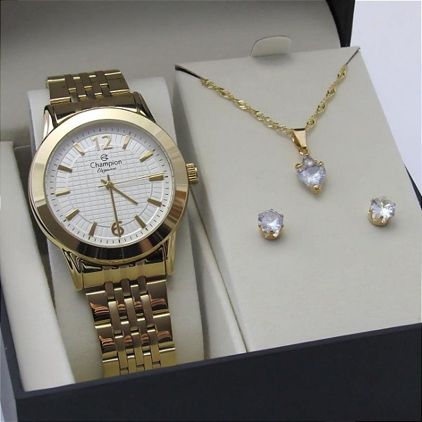 Kit Relógio Champion Feminino CN25056W Colar + Brincos