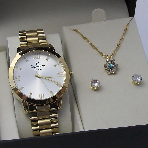 Kit Relógio Champion Feminino CN25163W Colar + Brincos