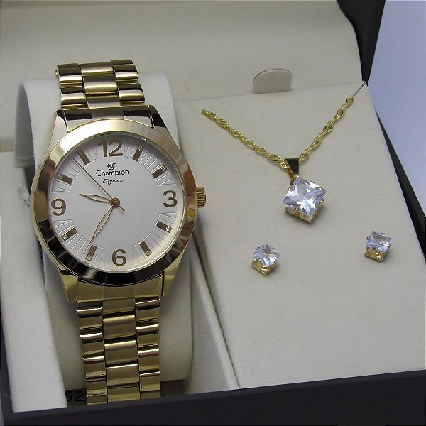 Kit Relógio Champion Feminino CN25216W Colar + Brincos