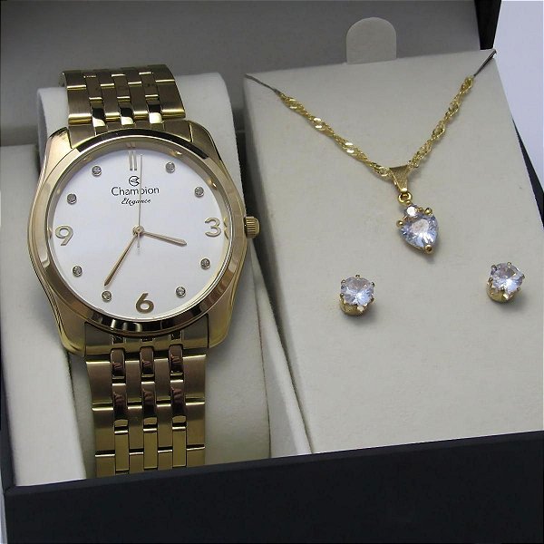 Kit Relógio Champion Feminino CN25341W Colar + Brincos