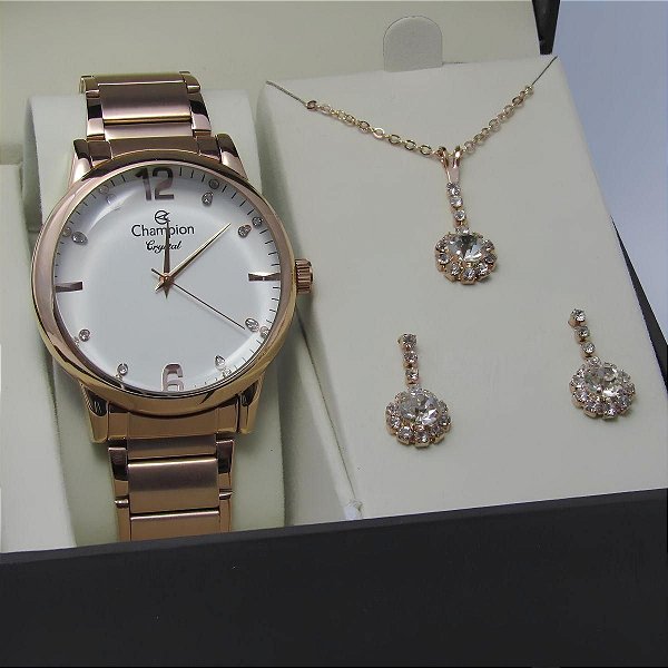 Kit Relógio Champion Feminino CN25529E Colar + Brincos