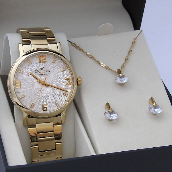 Kit Relógio Champion Feminino CN25636W Colar + Brincos