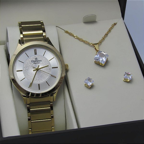 Kit Relógio Champion Feminino CN25645W Colar + Brincos