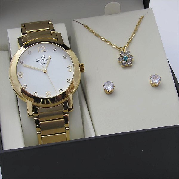 Kit Relógio Champion Feminino CN25654W Colar + Brincos
