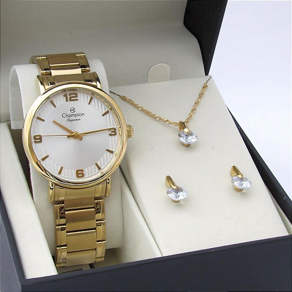 Kit Relógio Champion Feminino CN24726W Colar + Brincos