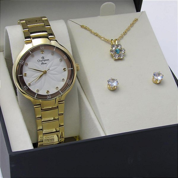 Kit Relógio Champion Feminino CN25235W Colar + Brincos