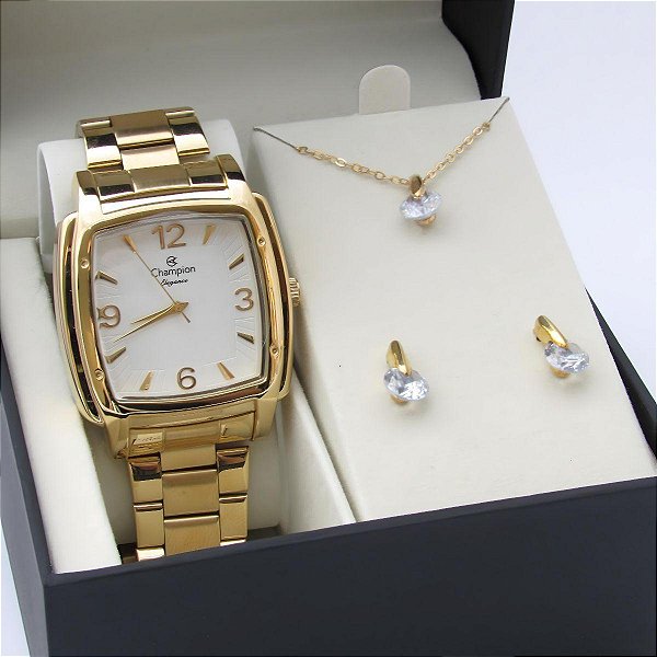 Kit Relógio Champion Feminino CN25412W Colar + Brincos