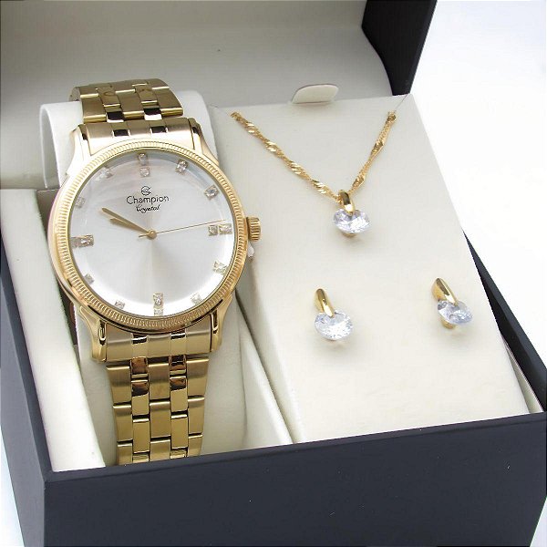 Kit Relógio Champion Feminino CN25510W Colar + Brincos