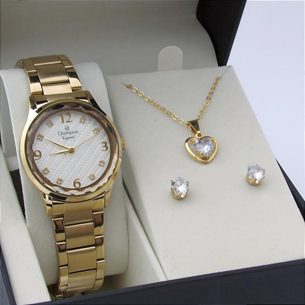 Kit Relógio Champion Feminino CN25583W Colar + Brincos