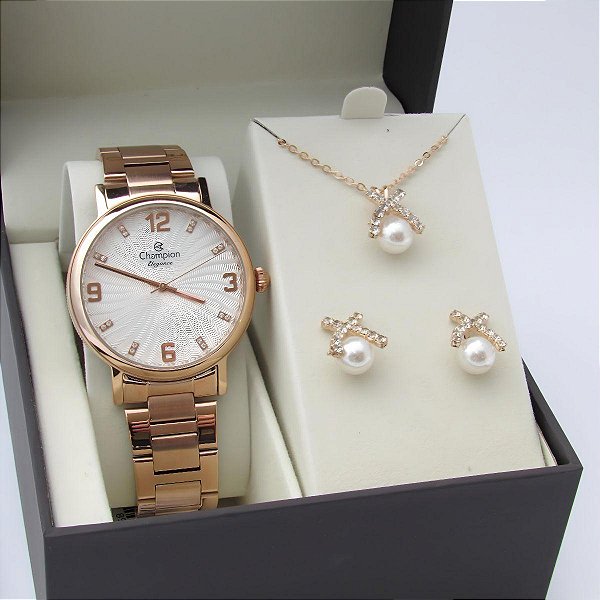 Kit Relógio Champion Feminino CN25636E Colar + Brincos
