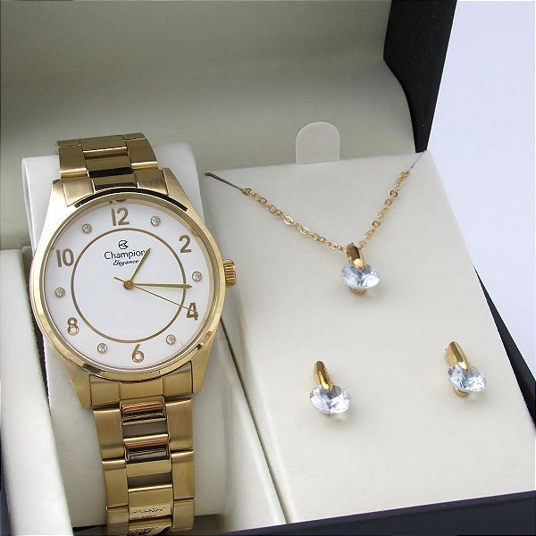 Kit Relógio Champion Feminino CN25690W Colar + Brincos