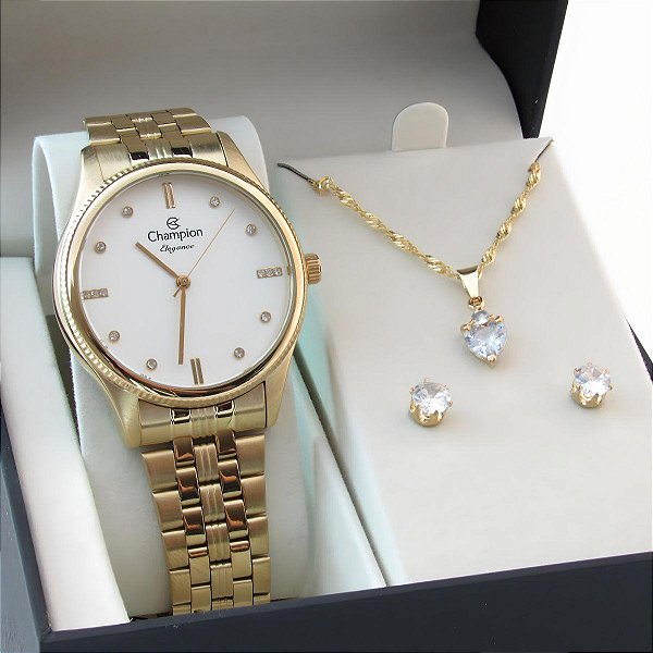 Kit Relógio Champion Feminino CN25841W Colar + Brincos