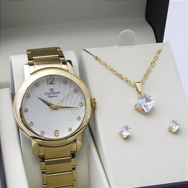Kit Relógio Champion Feminino CN25869W Colar + Brincos
