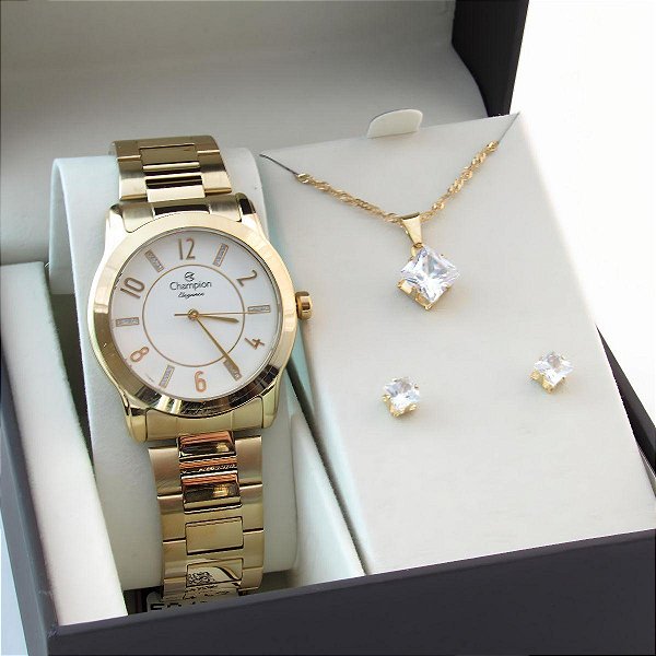 Kit Relógio Champion Feminino CN26420W Colar + Brincos