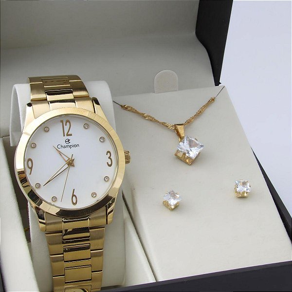 Kit Relógio Champion Feminino CN29061W Colar + Brincos