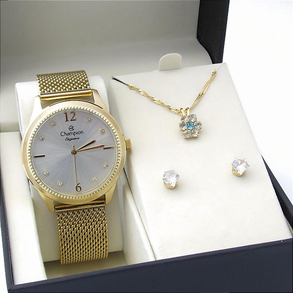 Kit Relógio Champion Feminino CN25770E Colar + Brincos