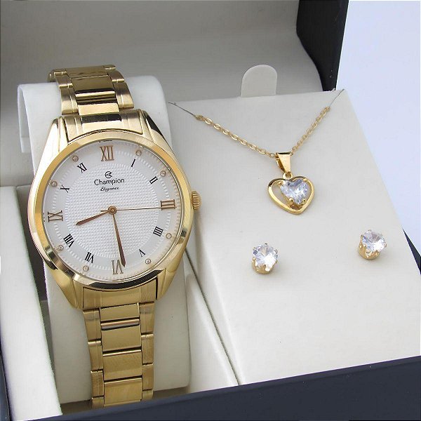 Kit Relógio Champion Feminino CN25949W Colar + Brincos