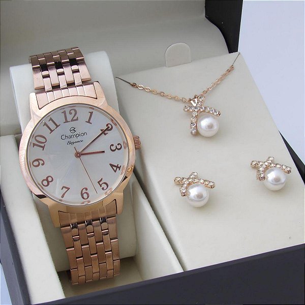 Kit Relógio Champion Feminino CN26171E Colar + Brincos
