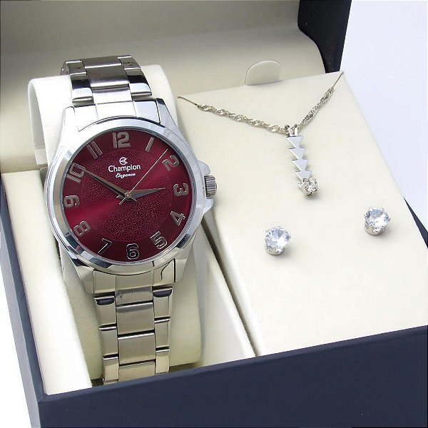 Kit Relógio Champion Feminino CN26377S Colar + Brincos