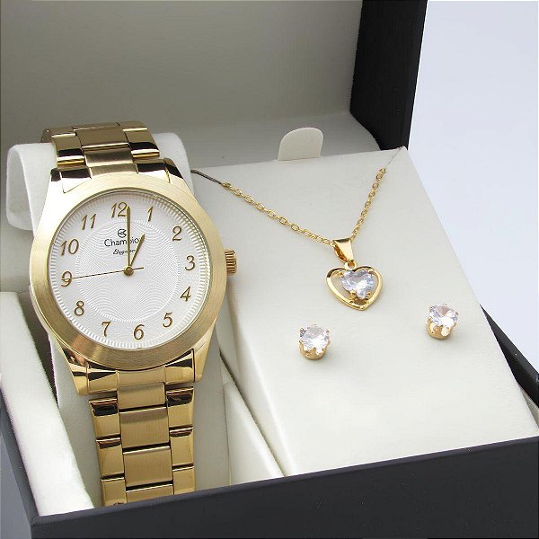 Kit Relógio Champion Feminino CN26484W Colar + Brincos
