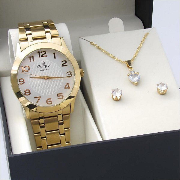 Kit Relógio Champion Feminino CN26537W Colar + Brincos