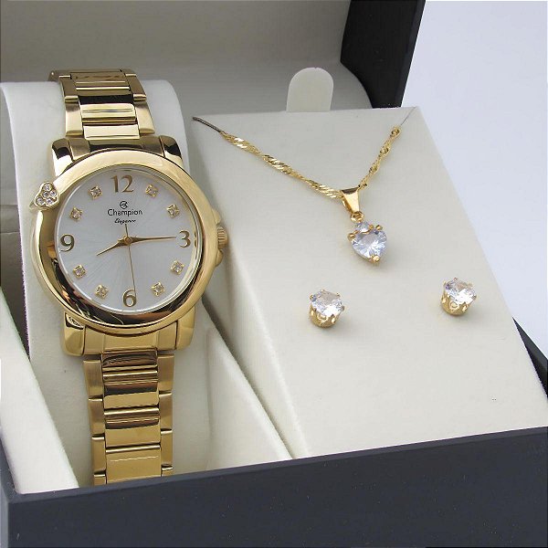 Kit Relógio Champion Feminino CN27161W Colar + Brincos