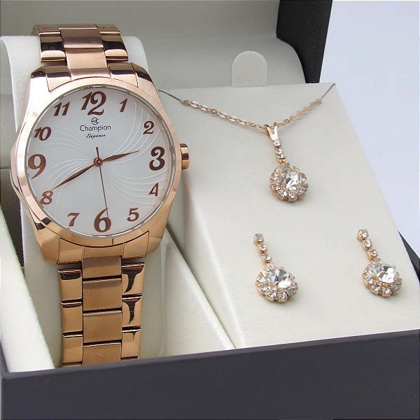 Kit Relógio Champion Feminino CN26715E Colar + Brincos