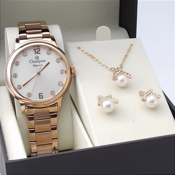 Kit Relógio Champion Feminino CN28437E Colar + Brincos