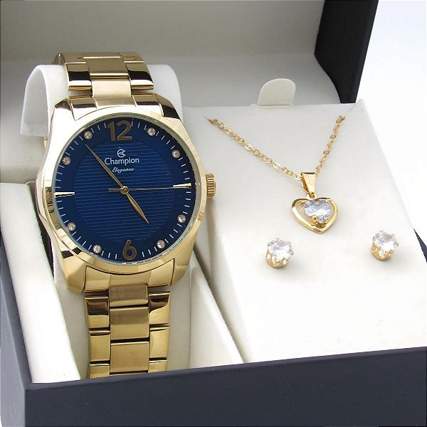 Kit Relógio Champion Feminino CN27607D Colar + Brincos