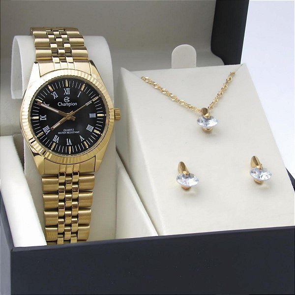 Kit Relógio Champion Feminino CH24777D  Colar + Brincos