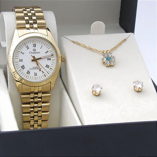 Kit Relógio Champion Feminino CH24777W Colar + Brincos