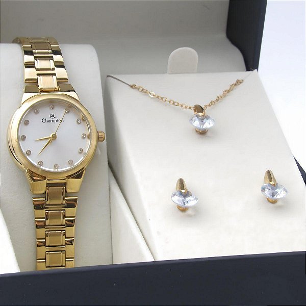 Kit Relógio Champion Feminino CH24946W Colar + Brincos