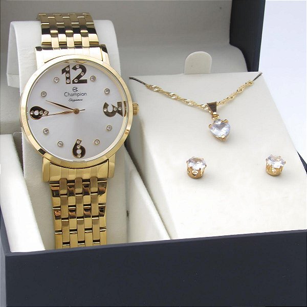 Kit Relógio Champion Feminino CN24262W Colar + Brincos