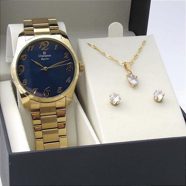 Kit Relógio Champion Feminino CN26715K Colar + Brincos