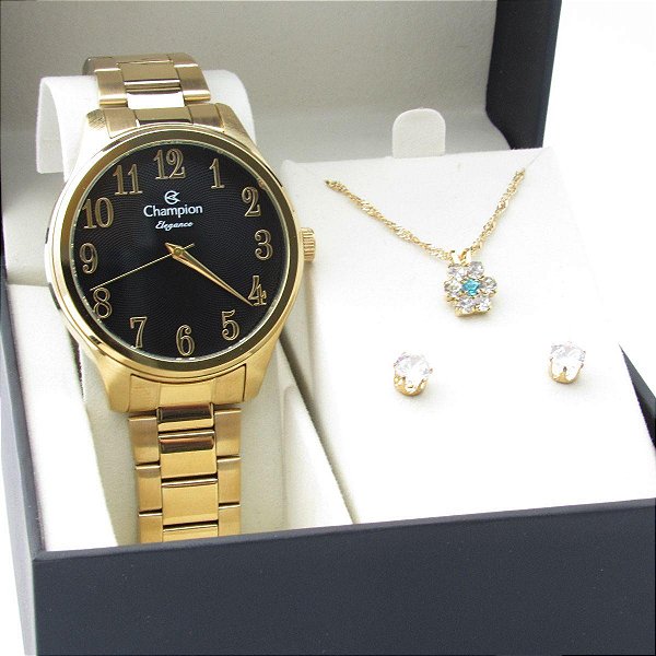 Kit Relógio Champion Feminino CN27518K Colar + Brincos