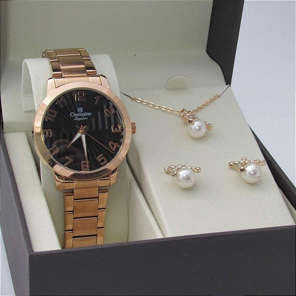 Kit Relógio Champion Feminino CN24664K Colar + Brincos