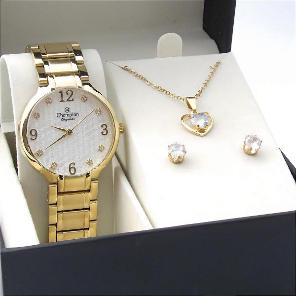 Kit Relógio Champion Feminino CN26831W Colar + Brincos