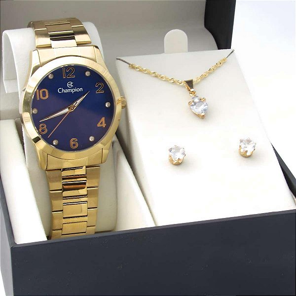 Kit Relógio Champion Feminino CN29052K Colar + Brincos