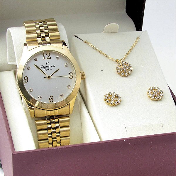 Kit Relógio Champion Feminino CN25298W Colar + Brincos