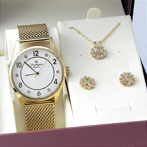 Kit Relógio Champion Feminino CN25690D Colar + Brincos