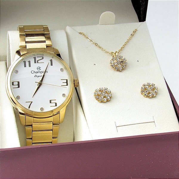 Kit Relógio Champion Feminino CN26028W Colar + Brincos